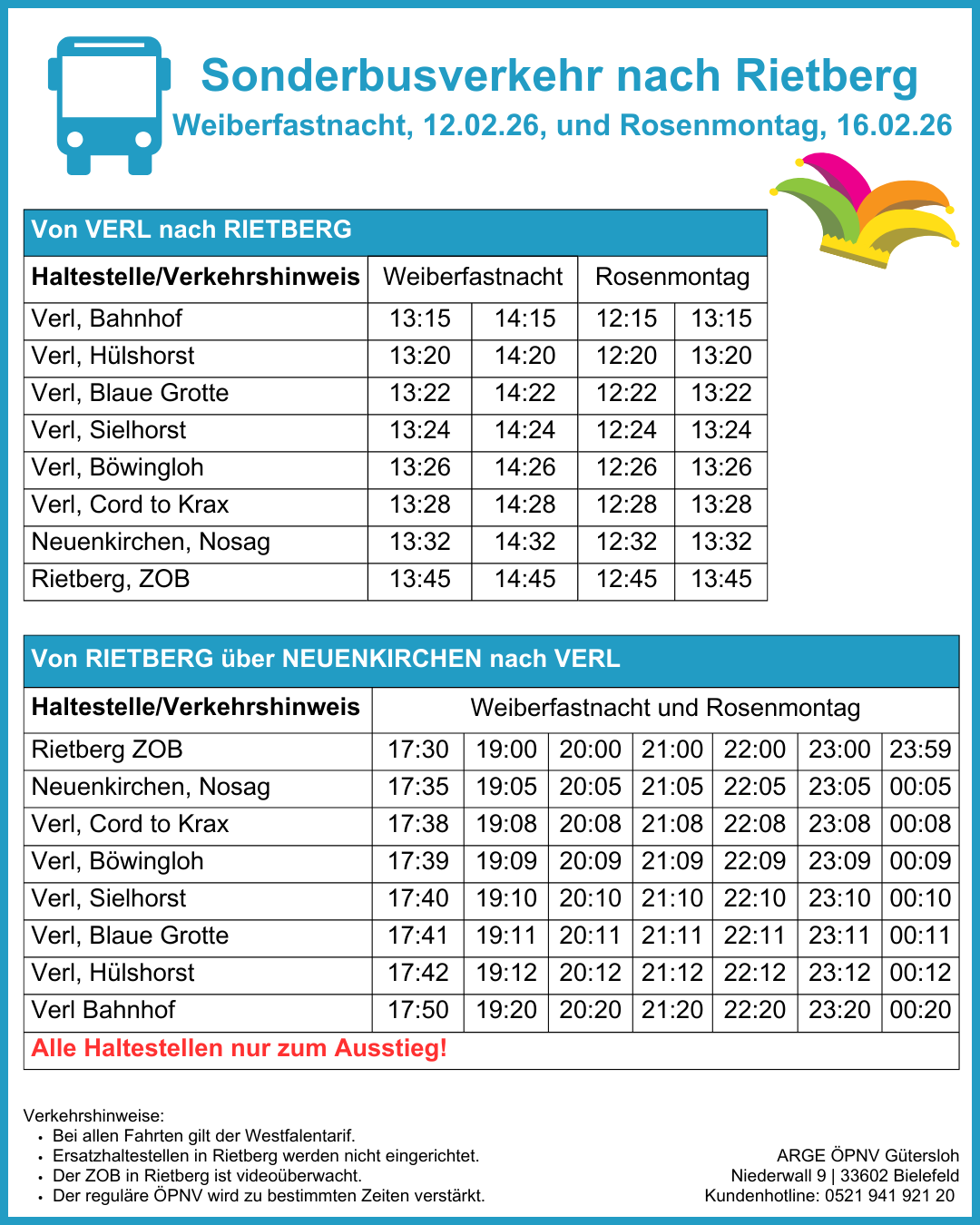 Karneval 2026 Sonderbusverkehr