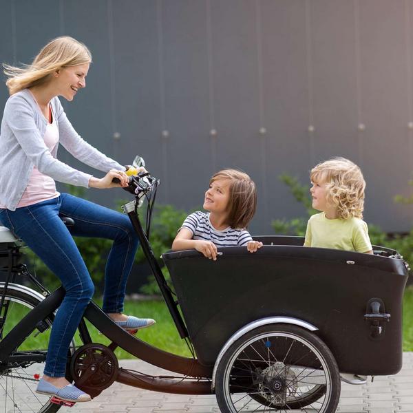 Frau mit zwei Kindern und Lastenrad