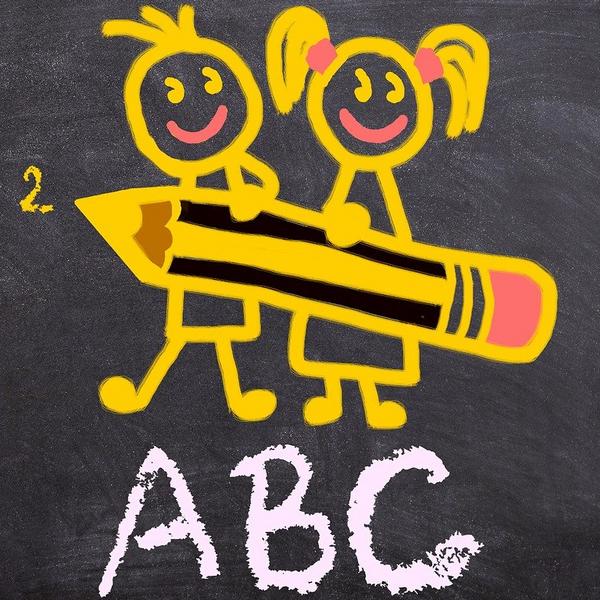 Tafelbild mit zwei Kindern und Schriftzug ABC