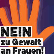 Hand und Aufschrift "Nein zu Gewalt an Frauen"