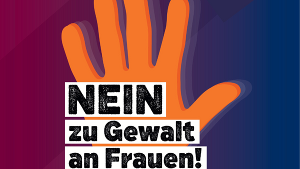 Hand und Aufschrift "Nein zu Gewalt an Frauen"