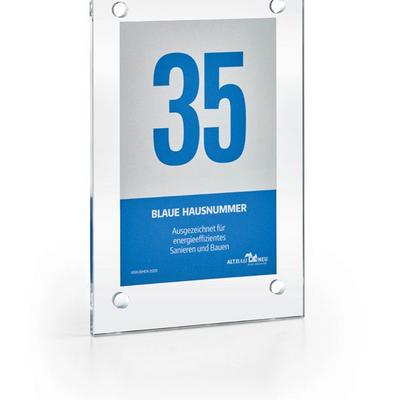 Blaue Hausnummer Glasschild