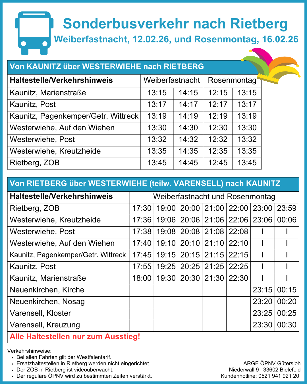 Karneval 2026 Sonderbusverkehr